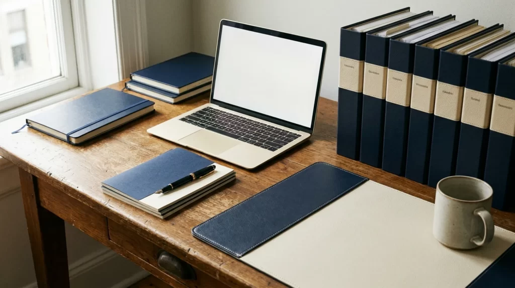 Legal resource folder and preparation tools arranged on a desk
