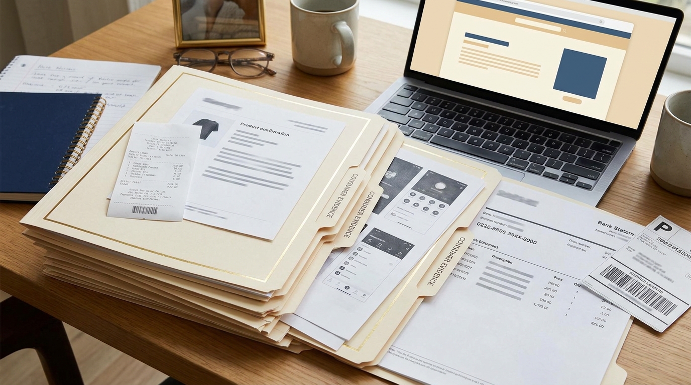 Online purchase scam records including receipts screenshots and payment statements