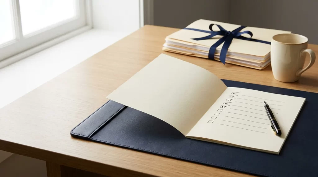 Organized legal preparation checklist and documents on a professional desk
