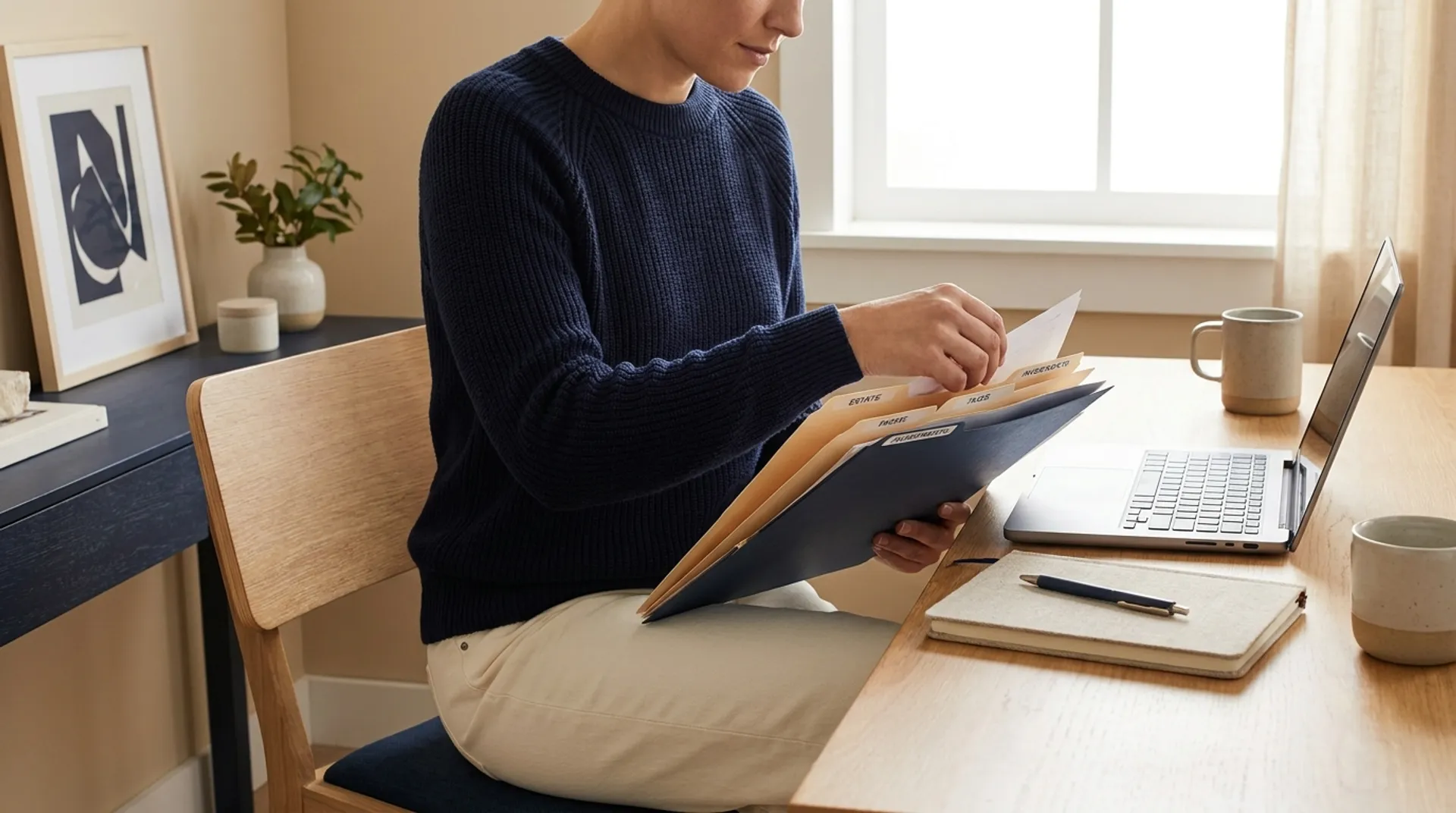 Person organizing legal documents and records using a practical preparation system