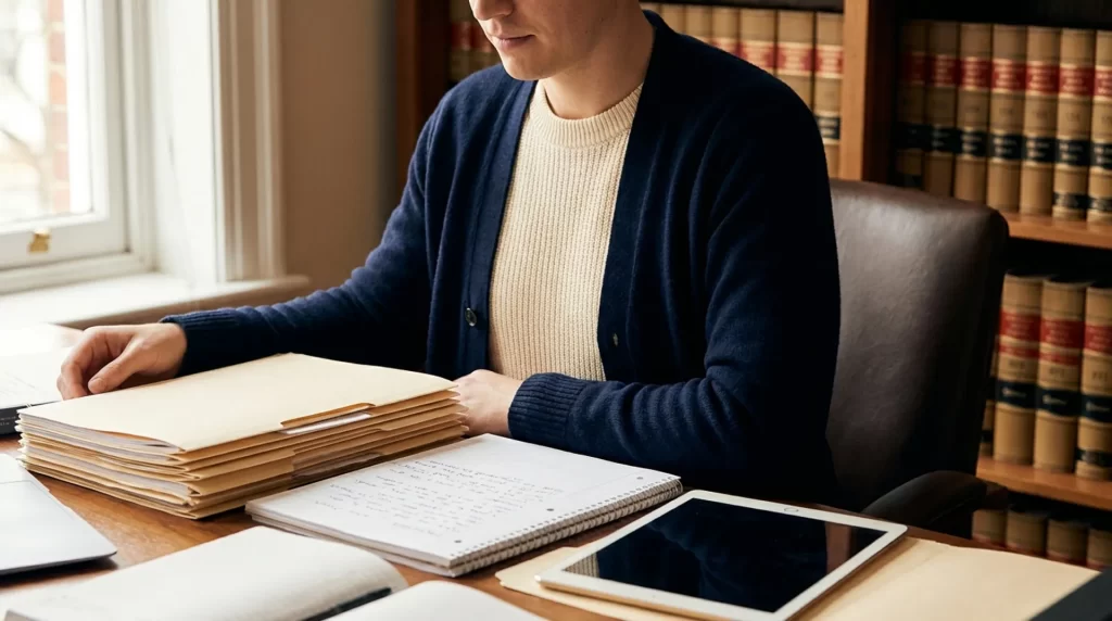 Person reviewing organized legal information and preparation notes